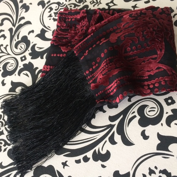 White House Black Market Accessories - Red Damask velvet fringe luxury scarf WHBM
